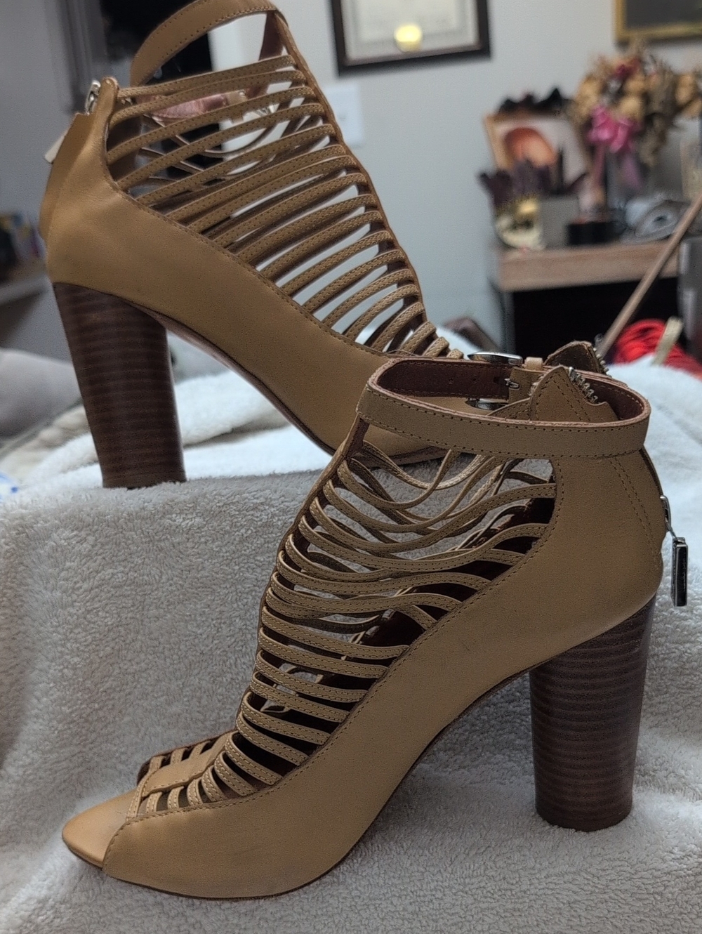Rebecca Minkoff Tan Strappy Cutout Block Heel Sandals